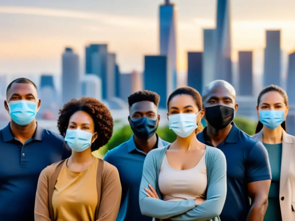 Resiliencia urbana: diversidad en mascarillas Grupo diverso con mascarillas en ciudad, muestra solidaridad y determinación, aprendiendo lecciones de inmunidad y supervivencia