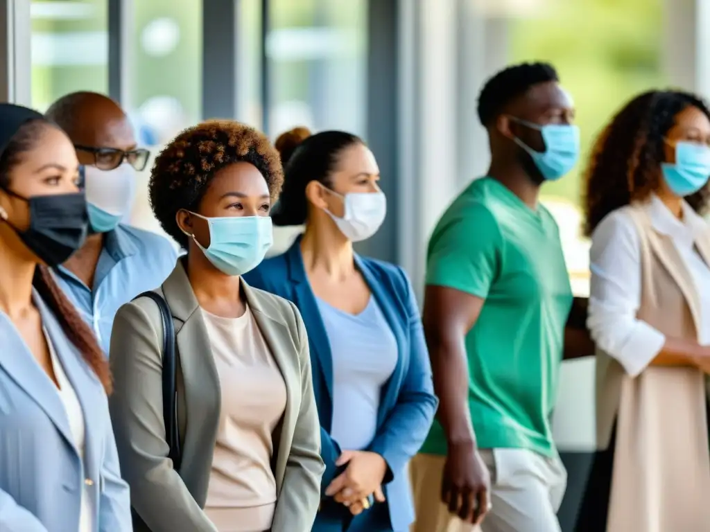 Personas con mascarillas en la farmacia: importancia del seguro médico Grupo diverso usando mascarillas y manteniendo distancia en farmacia