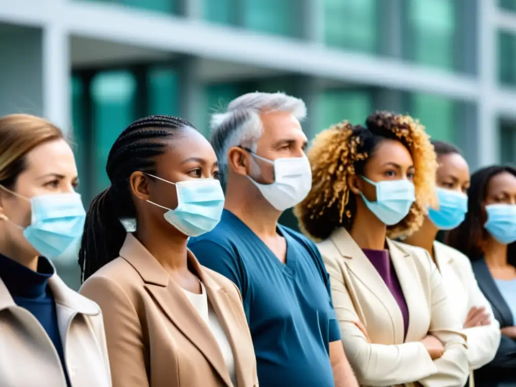 Esperanza en tiempos difíciles: Diversidad en fila fuera del hospital Grupo diverso con mascarillas espera frente a hospital moderno, transmitiendo preocupación y esperanza en cobertura seguros salud pandemias