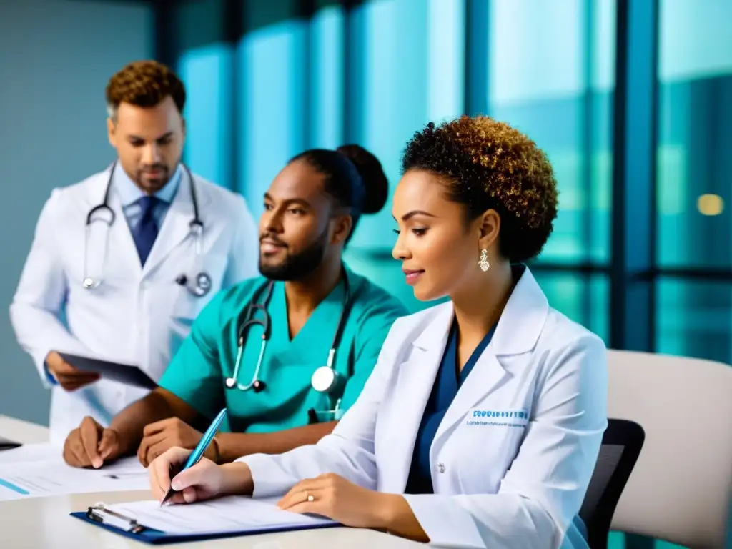 Reunión médica estratégica para cobertura de enfermedades raras Un grupo diverso de médicos y profesionales de la salud revisando documentos en una sala de conferencias hospitalaria moderna y luminosa, enfocados en la cobertura de enfermedades raras en seguros de salud