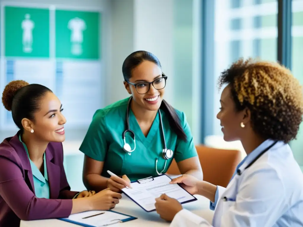 Profesionales médicos discutiendo planes de seguro para inmunodeficiencias Un grupo diverso de médicos y profesionales de la salud revisa planes de seguro para tratamientos de inmunodeficiencia en una clínica moderna