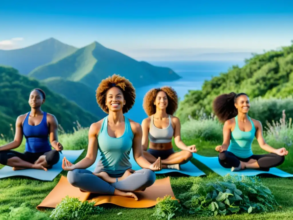 Empoderamiento femenino en la naturaleza: yoga, running y hiking Grupo diverso de mujeres activas en la naturaleza, mostrando vitalidad y bienestar