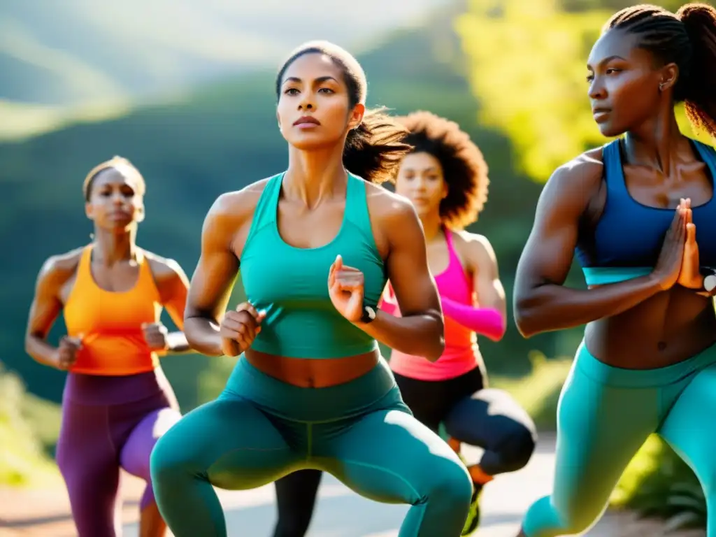 Empoderamiento femenino: mujeres activas en la naturaleza Un grupo diverso de mujeres disfruta de actividades al aire libre como yoga, running y senderismo, luciendo ropa deportiva vibrante