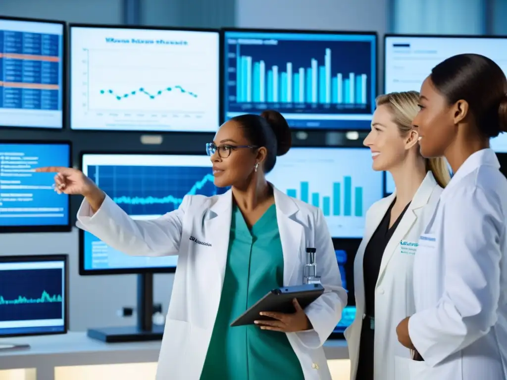 Mujeres líderes en inmunología debatiendo en laboratorio moderno Grupo diverso de mujeres en batas de laboratorio, discutiendo investigación médica en un laboratorio moderno con equipamiento de última generación