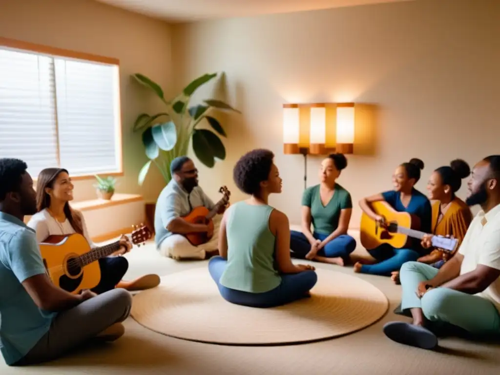 Terapia musical: armonía emocional y bienestar Grupo diverso participa en sesión de musicoterapia, rodeados de instrumentos y luz suave