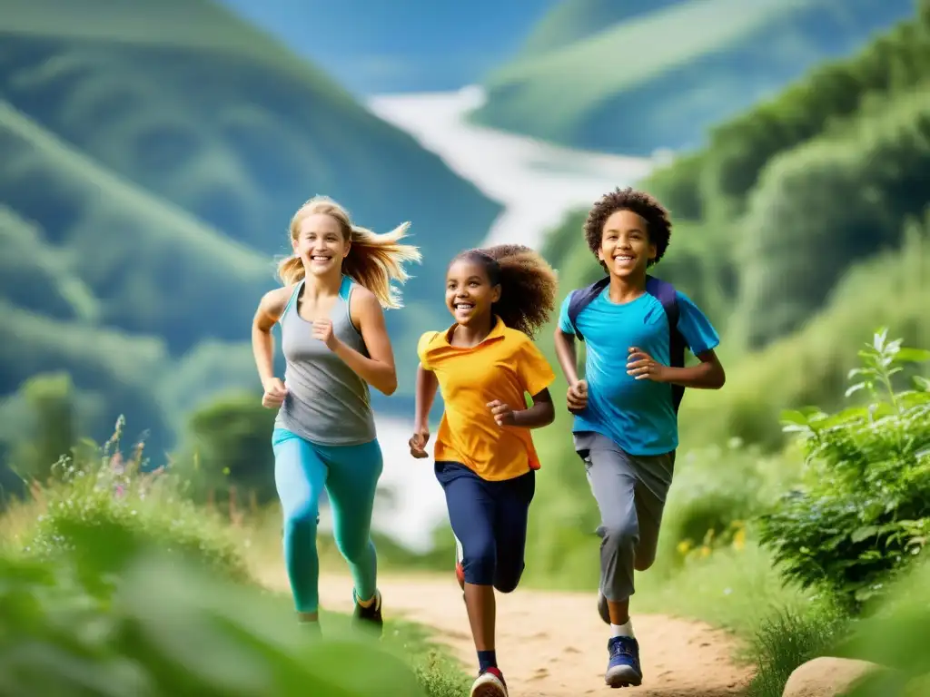 Energía juvenil: niños activos y felices en la naturaleza Un grupo diverso de niños y adolescentes sonrientes disfrutan de actividades al aire libre, resaltando la vitalidad y la salud inmunológica