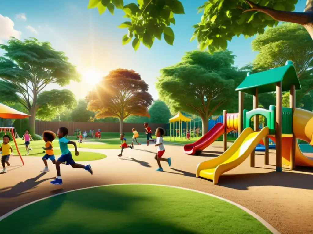 Grupo diverso de niños jugando al aire libre en un parque verde exuberante, fortaleciendo su sistema inmunológico con actividades alegres