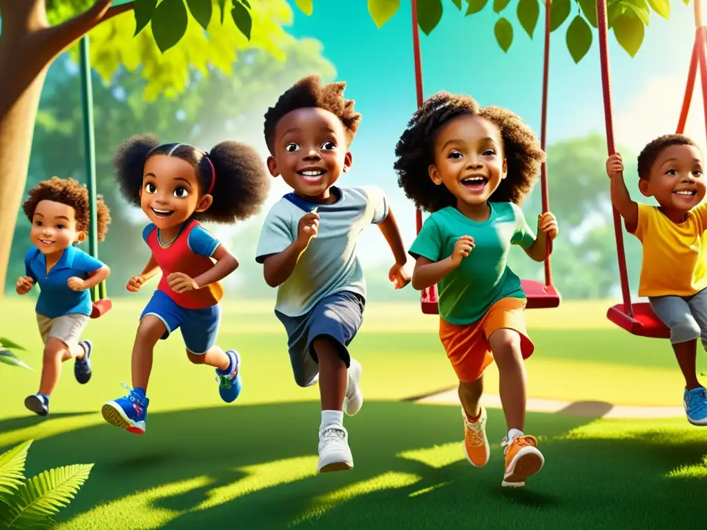 Niños felices y saludables disfrutando al aire libre en un parque vibrante Un grupo diverso de niños juega al aire libre en un parque verde y exuberante, irradiando energía y vitalidad