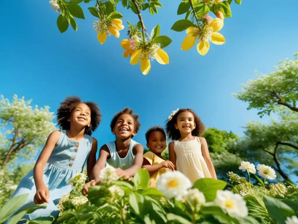 Niños jugando en la naturaleza: vitalidad y alegría Grupo diverso de niños jugando al aire libre entre flores y árboles, mostrando resiliencia y vitalidad