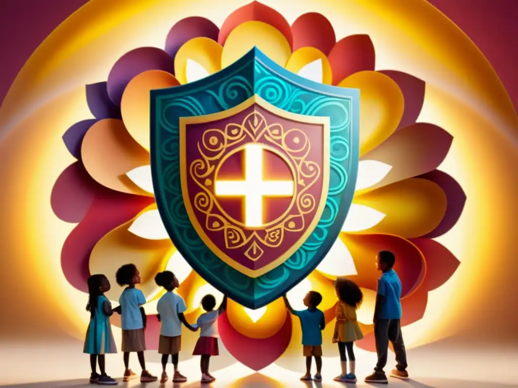 Niños con sistemas inmunológicos únicos rodeados de protección Un grupo diverso de niños sostiene escudos con símbolos del sistema inmunológico, protegidos por un resplandor dorado