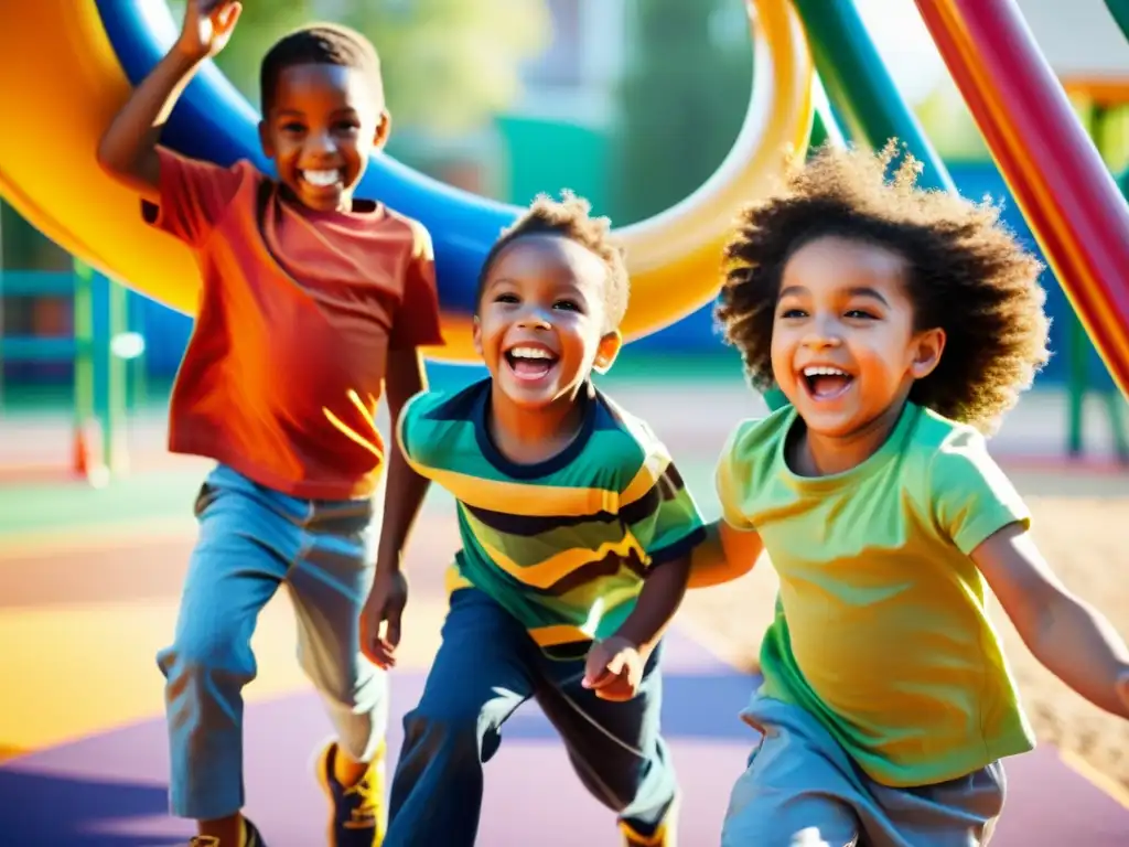 Infancia vibrante: Niños felices jugando en parque soleado Grupo diverso de niños felices jugando juntos en un vibrante parque infantil al aire libre, promoviendo una infancia activa y saludable