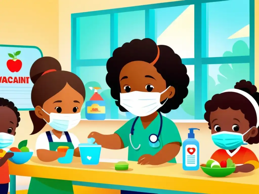 Niños saludables: prevención y diversión Grupo diverso de niños aprendiendo medidas preventivas temporada gripe
