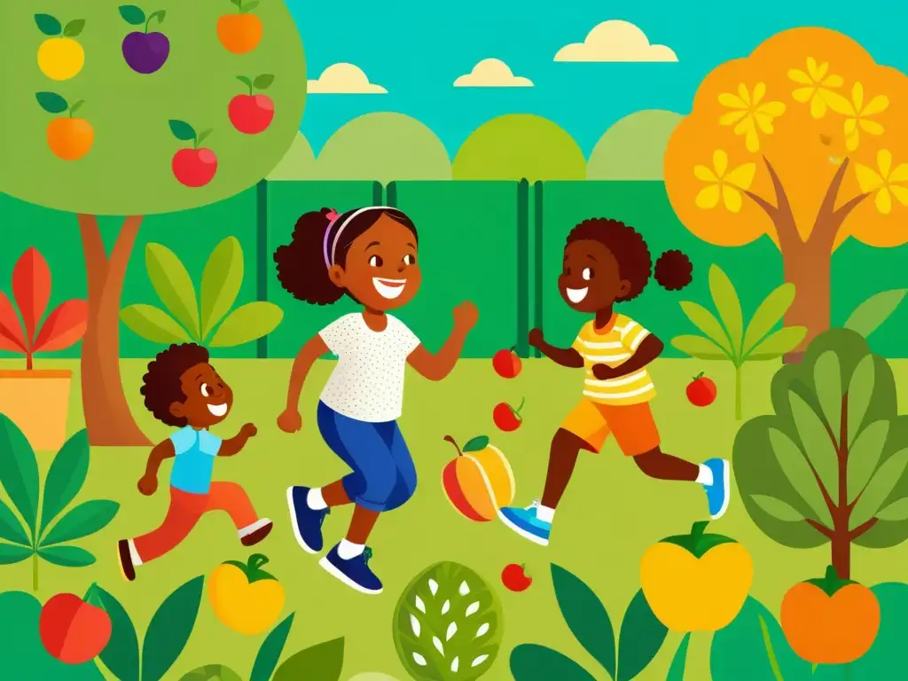 Niños felices jugando en un jardín vibrante Grupo diverso de niños sanos y alegres jugando en un jardín vibrante, rodeados de frutas y verduras coloridas, transmitiendo vitalidad y alegría