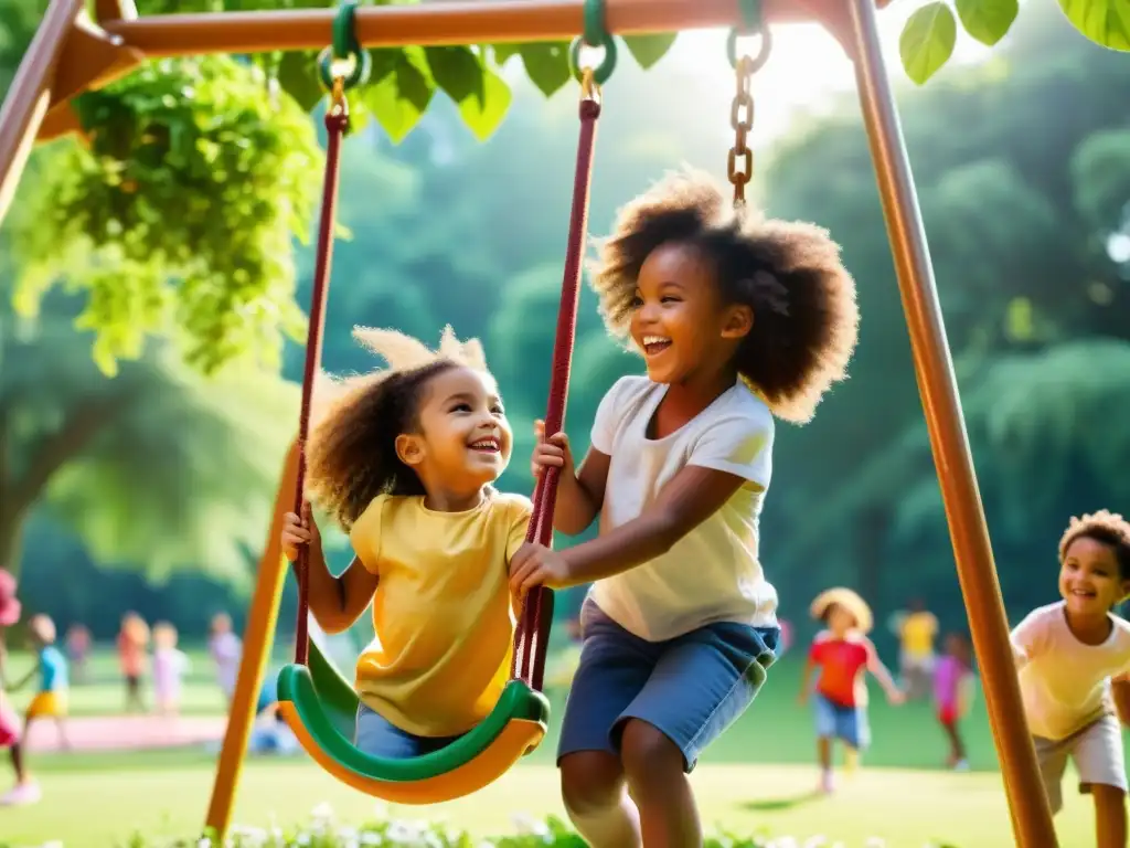 Niños felices en parque con centro médico Grupo diverso de niños sonrientes jugando en un parque soleado, rodeado de naturaleza exuberante y flores