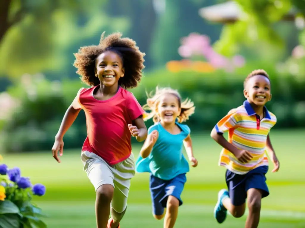 Niños felices jugando al aire libre en un parque vibrante Grupo diverso de niños sonrientes jugando en un parque vibrante y soleado, rodeados de naturaleza exuberante