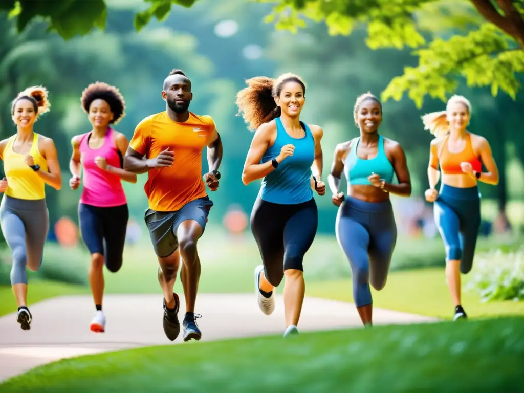 Vida activa en el parque: diversión y vitalidad al aire libre Un grupo diverso de personas disfruta de actividades físicas al aire libre, como correr, andar en bicicleta y hacer yoga