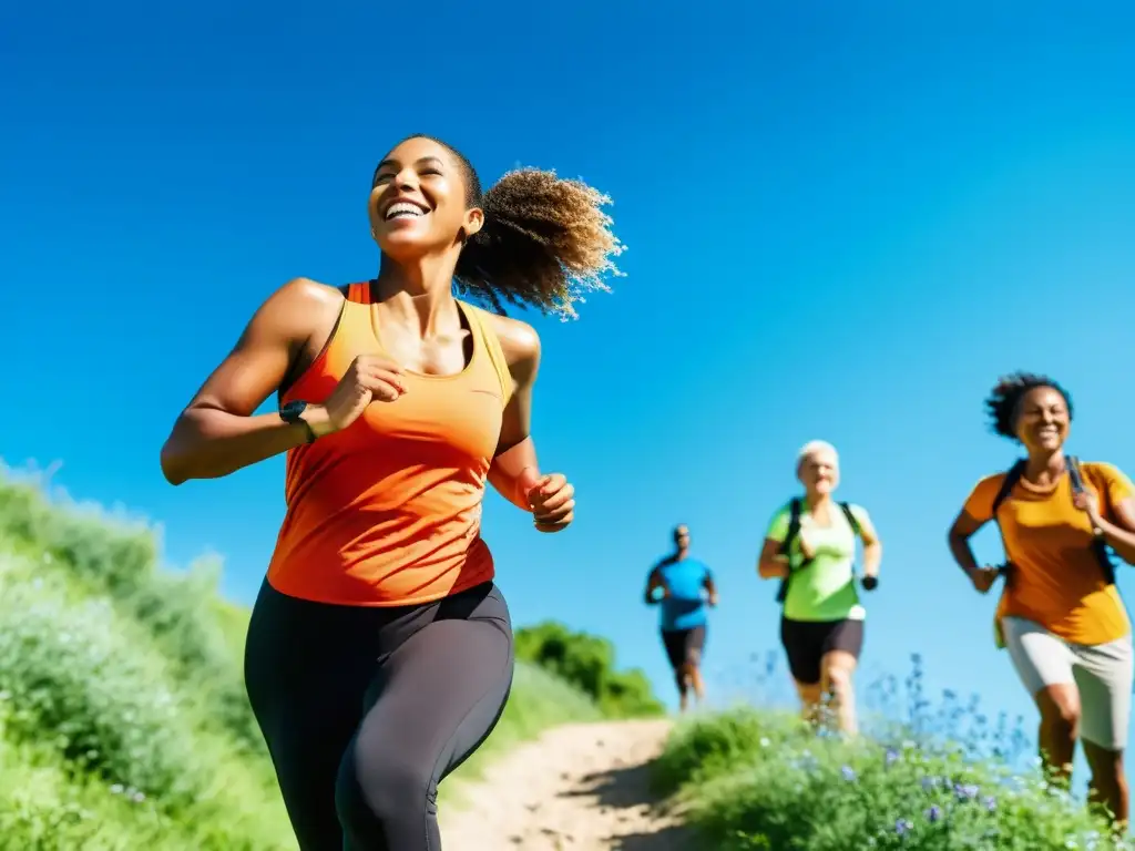Emocionante diversidad en actividades al aire libre Un grupo diverso de personas disfruta de actividades al aire libre como senderismo, yoga y ciclismo, mostrando vitalidad y alegría bajo el cielo azul
