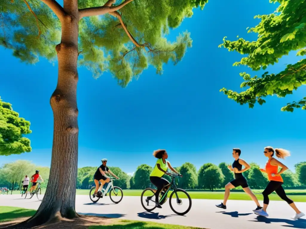 Un grupo diverso de personas haciendo ejercicio al aire libre en un parque, con árboles verdes y cielo azul