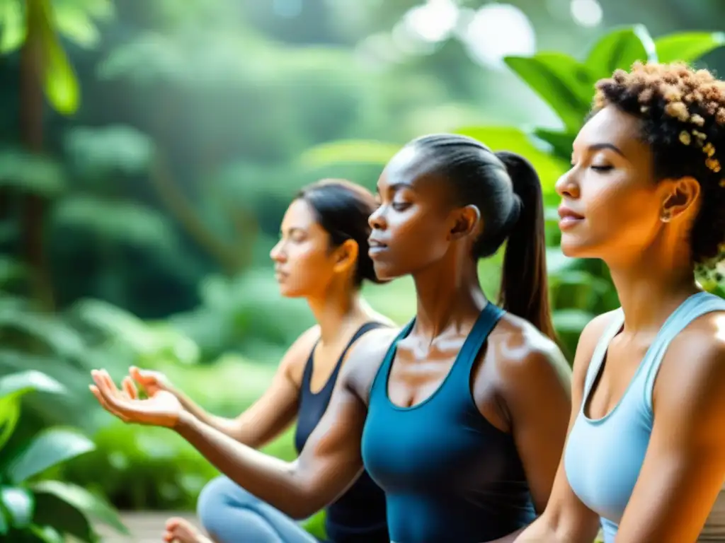 Actividades inmunológicas para la salud y bienestar Un grupo diverso de personas practica yoga, meditación y ejercicio rodeado de naturaleza, transmitiendo serenidad y bienestar