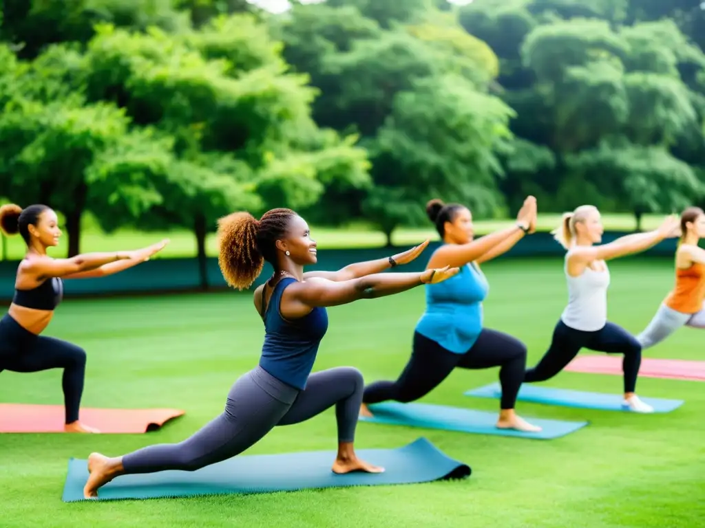 Vibrante escena de ejercicios al aire libre: yoga, jogging, ciclismo Un grupo diverso de personas practican ejercicios físicos para fortalecer el sistema inmunológico al aire libre, rodeados de exuberante vegetación