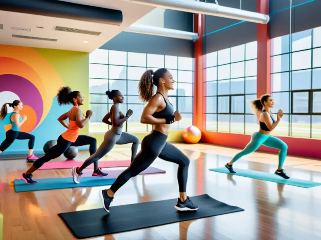 Comunidad activa en un gimnasio moderno Un grupo diverso de personas se ejercita en un gimnasio moderno, con luz natural y equipo de alta tecnología