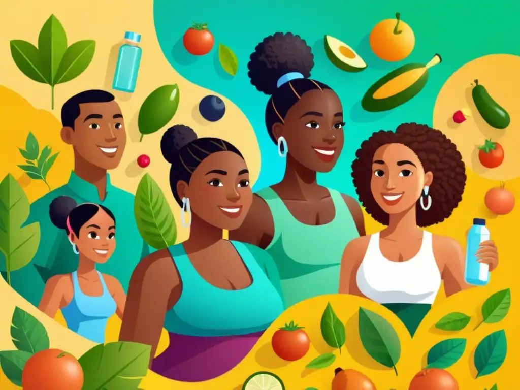 Vida saludable: diversidad y vitalidad en acción Un grupo diverso de personas practica hábitos saludables para el fortalecimiento del sistema inmunológico en una ilustración vibrante y moderna