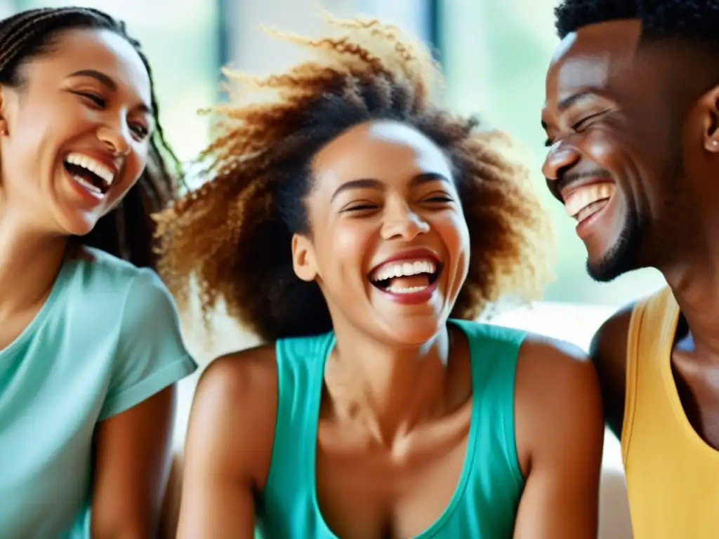 Un grupo diverso de personas se ríe juntas en un espacio luminoso y aireado, mostrando los beneficios del buen humor en inmunidad