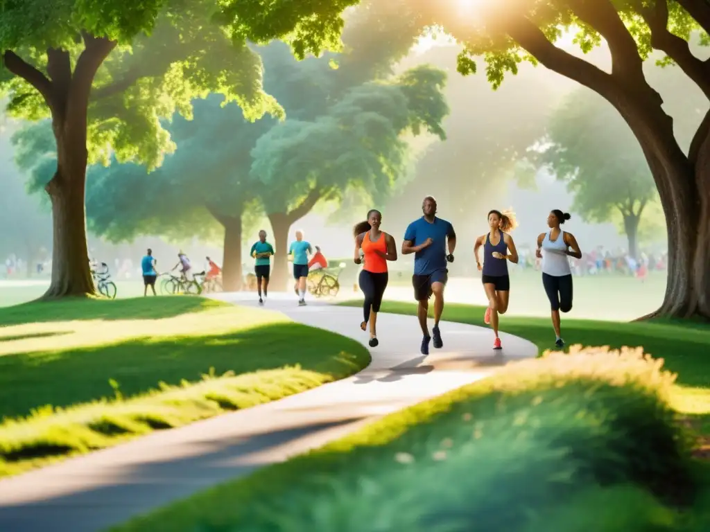 Personas activas disfrutan la naturaleza en comunidad Un grupo diverso de personas disfruta de la naturaleza mientras hacen ejercicio al aire libre en un parque verde y soleado