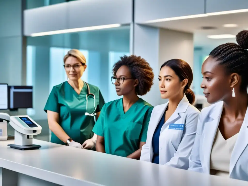 Pruebas inmunológicas en instalación médica moderna Un grupo diverso de personas recibe pruebas inmunológicas en un moderno centro médico