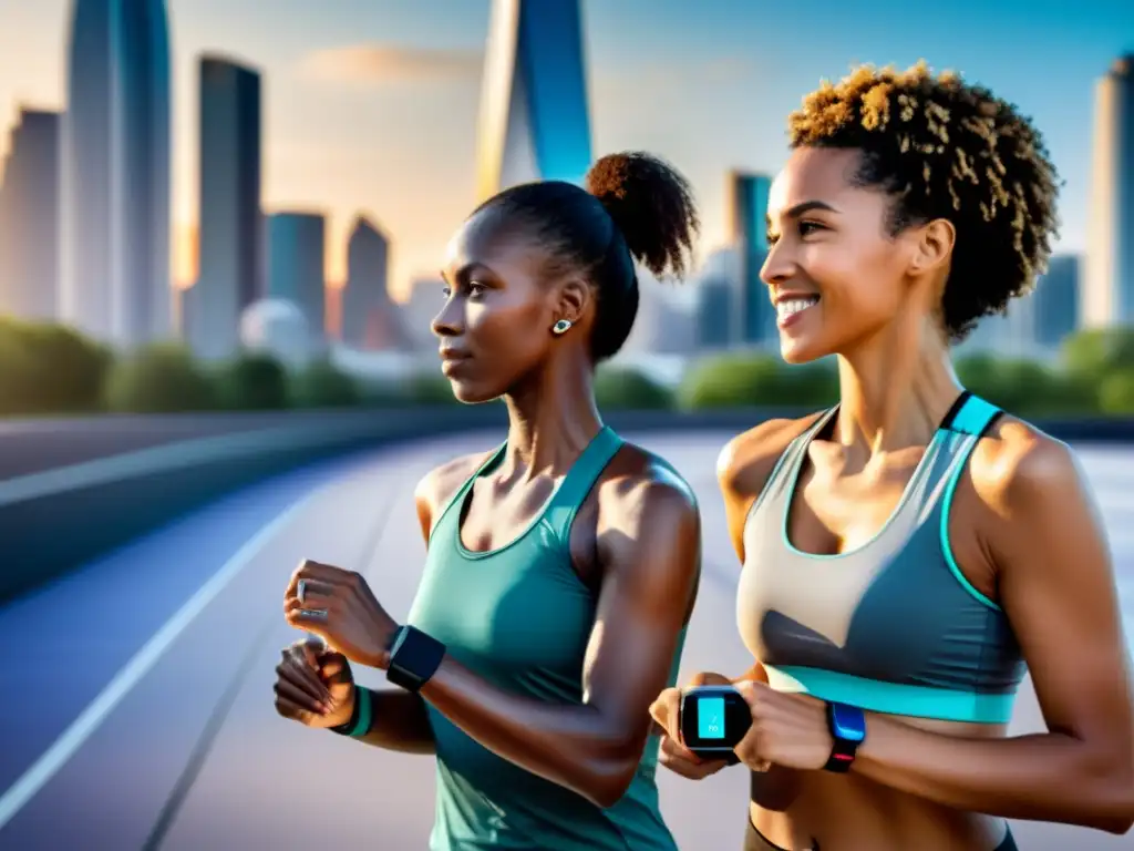 Monitoreo de salud avanzado en la ciudad: personas diversas usando tecnología wearable Un grupo diverso de personas usa pulseras inteligentes para monitorizar el sistema inmunológico mientras practican deporte en una ciudad futurista