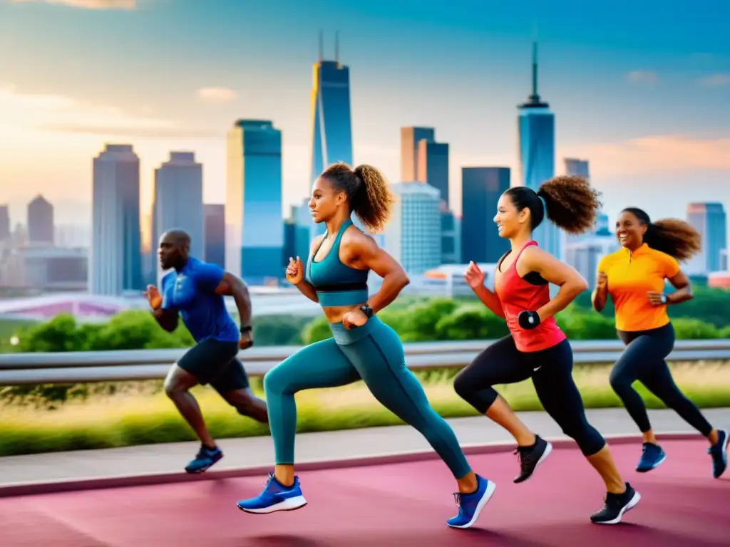 Un grupo diverso de personas en ropa deportiva realizando diferentes formas de ejercicio en una ciudad vibrante
