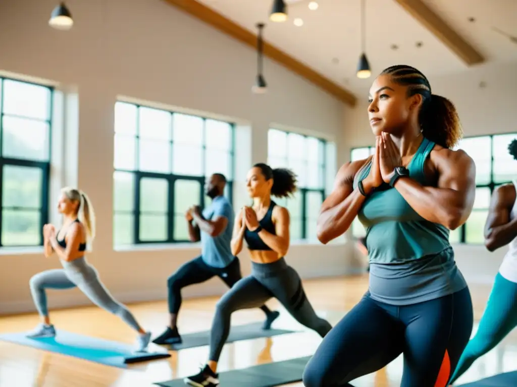Entrenamiento en gimnasio: diversidad y vitalidad Un grupo diverso de personas en ropa deportiva realizando actividades físicas en un gimnasio luminoso