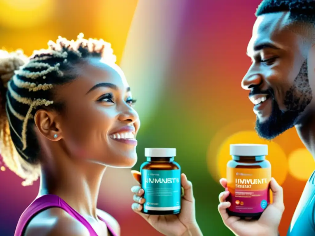 Suplementos Inmuneboosting: Historias de Éxito Un grupo diverso de personas muestra suplementos para reforzar sistema inmunológico en un ambiente moderno y luminoso, con expresiones de bienestar