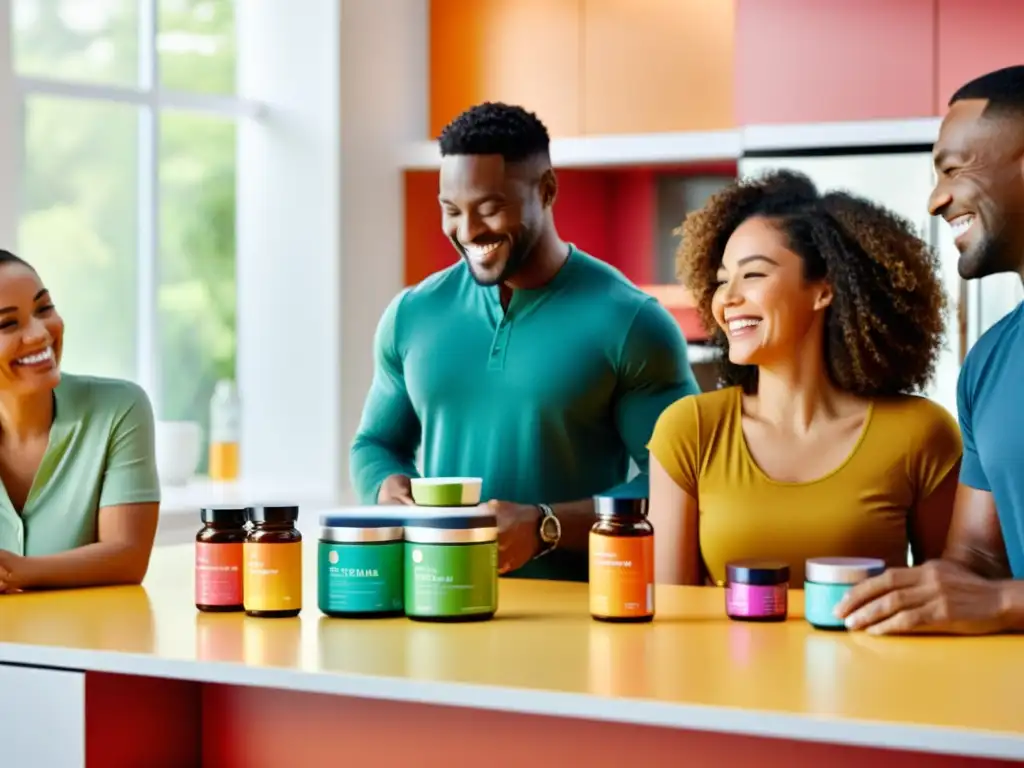 Grupo diverso disfruta juntos suplementos inmunes en cocina moderna Un grupo diverso de personas toma suplementos inmunitarios recomendados 2022 en una cocina moderna y luminosa, irradiando vitalidad y bienestar