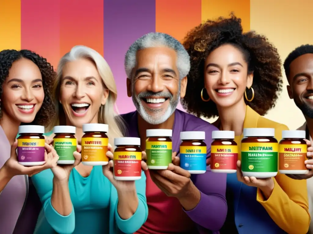 Multivitaminas: Vitalidad y Diversidad Un grupo diverso de personas sonriendo, sosteniendo suplementos multivitamínicos en un entorno moderno y limpio