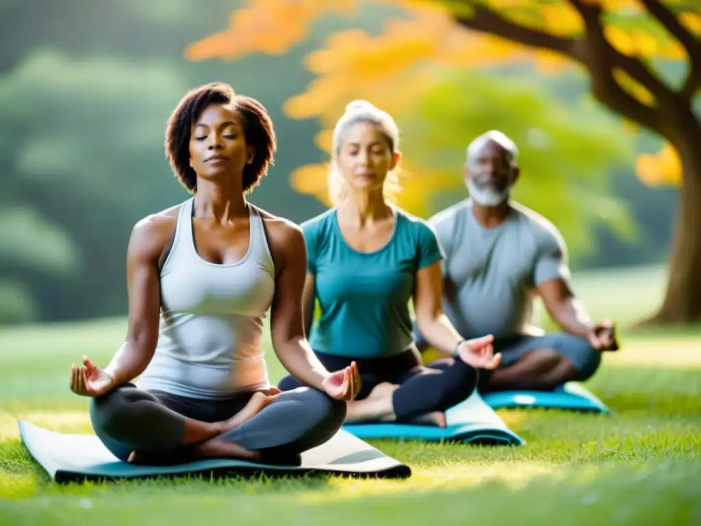 Un grupo diverso de personas practica yoga, estiramientos y caminata en la naturaleza, priorizando la salud física y mental