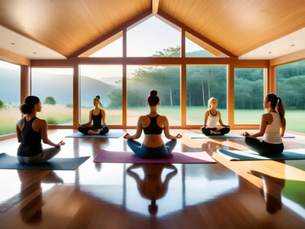 Grupo diverso practica Pranayamas para estimular inmunidad en estudio de yoga sereno con vistas a paisaje natural
