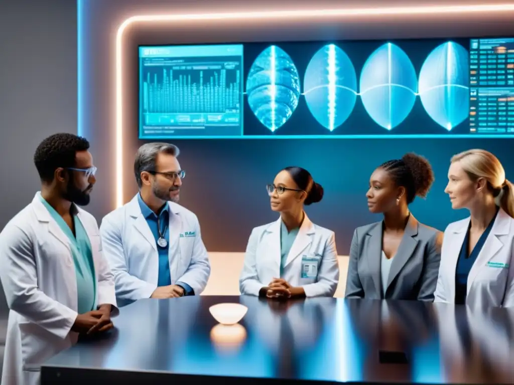 Equipo médico analizando genética en holograma Un grupo diverso de profesionales médicos y científicos se reúne alrededor de un pantalla holográfica futurista, discutiendo la importancia de los marcadores genéticos en la detección de enfermedades