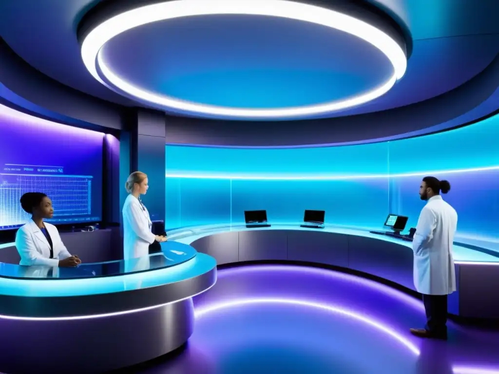 Centro médico futurista: avances en terapia génica Grupo diverso de profesionales médicos en un centro médico futurista, discutiendo terapia génica enfermedades autoinmunes
