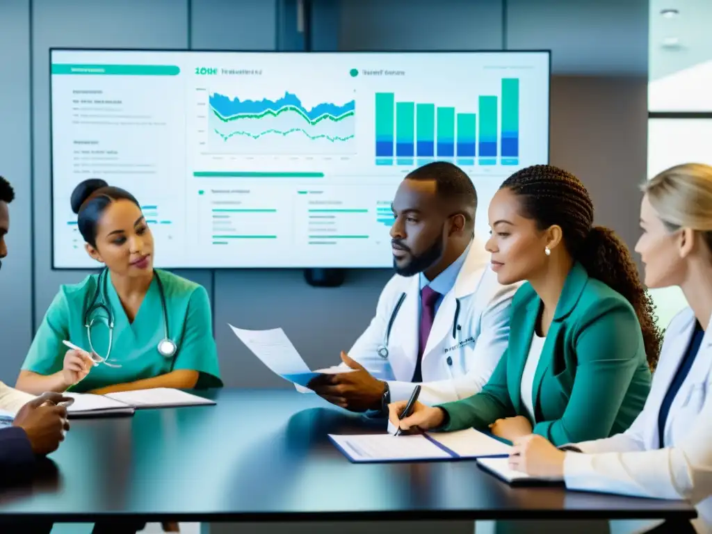 Expertos en nutrición analizan datos de inmunidad en sala moderna Un grupo diverso de profesionales de la salud discute y revisa gráficos nutricionales y datos del sistema inmunológico en una sala de conferencias moderna y bien iluminada