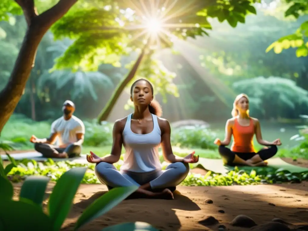 Prácticas de mindfulness en la naturaleza: 8k imagen Grupo diverso practicando mindfulness para fortalecer sistema inmunológico en entorno natural sereno con luz solar entre árboles