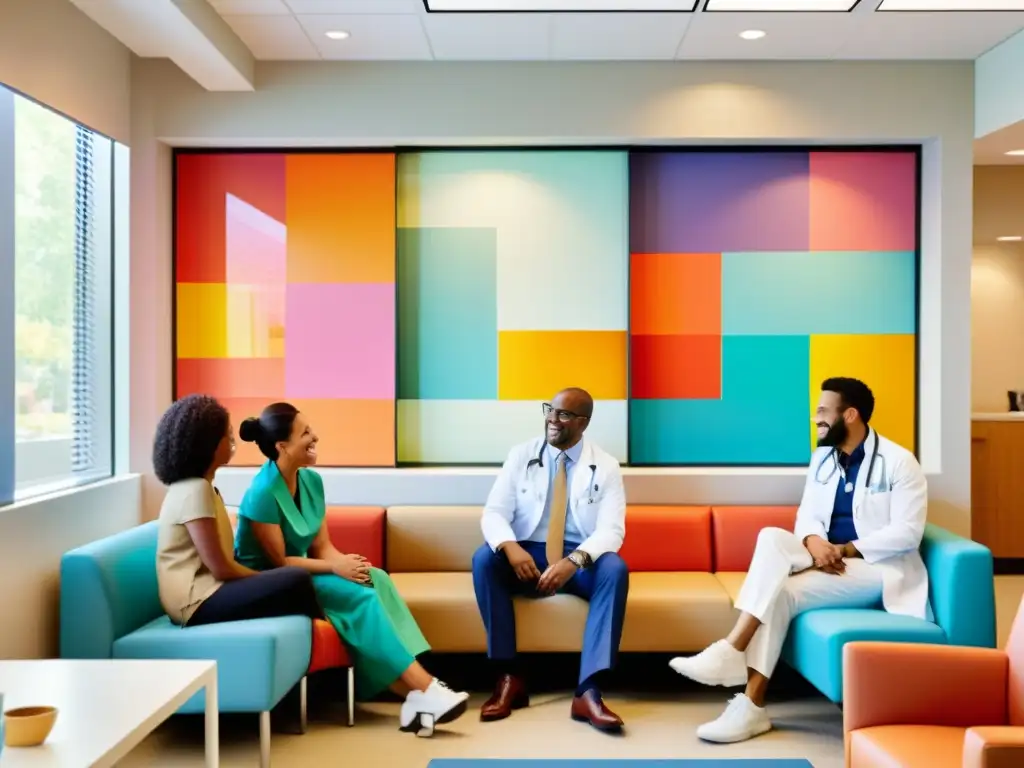 Comunidad inclusiva en consulta médica Grupo diverso sonriente en moderna clínica médica, transmitiendo esperanza y apoyo para pacientes con trastornos inmunológicos