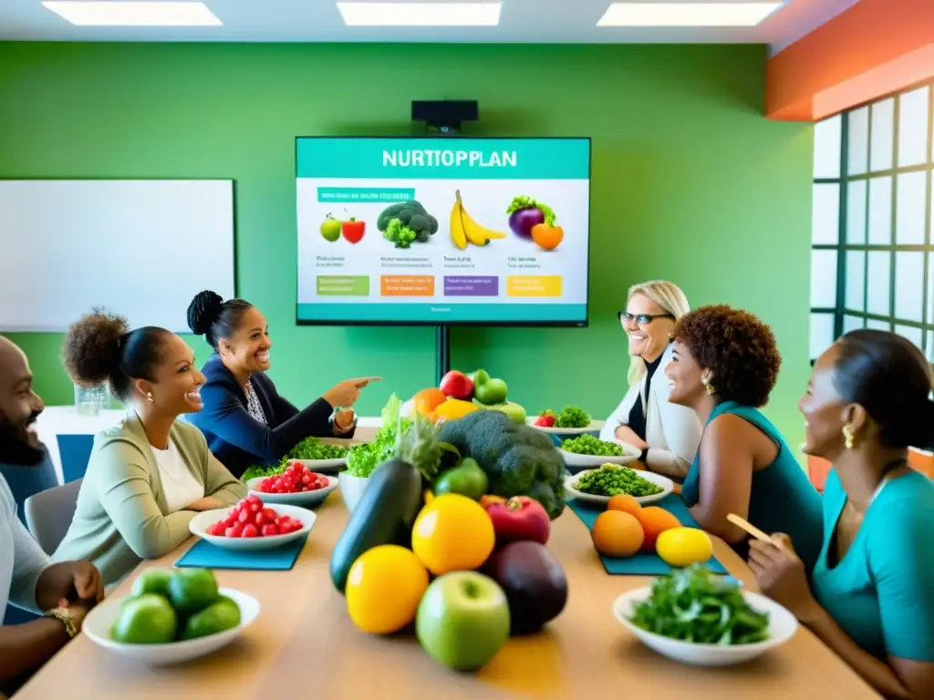 Taller de nutrición: diversidad, salud y aprendizaje Un grupo diverso participa en un taller de nutrición, con frutas y verduras frescas en primer plano
