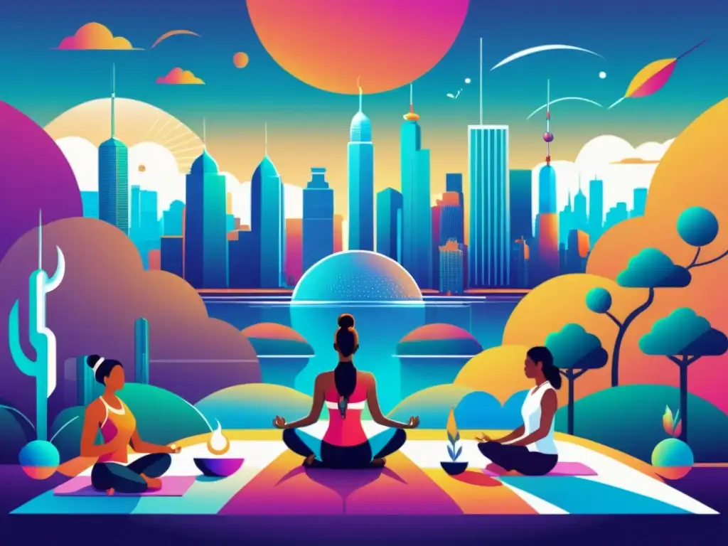 Terapias Alternativas en la Ciudad del Futuro Grupo diverso disfruta de terapias alternativas en la ciudad futurista, irradiando bienestar y serenidad