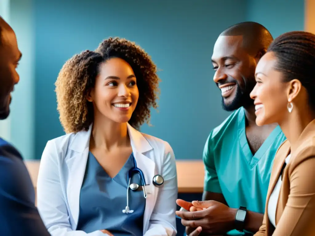 Testimonios de seguro médico: alivio y gratitud Un grupo diverso comparte testimonios sobre seguros médicos para enfermedades autoinmunes en un entorno hospitalario moderno