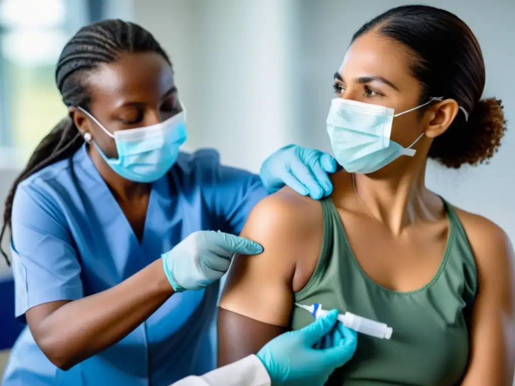 Vacunación inclusiva y eficiente en instalación moderna Un grupo diverso recibe vacunas en un centro de salud moderno y profesional