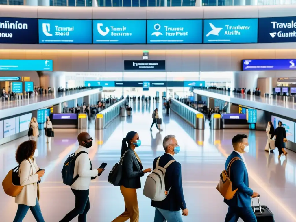 Viajeros modernos en aeropuerto futurista Grupo diverso de viajeros en aeropuerto futurista, practicando medidas de seguridad y prevención en viaje internacional