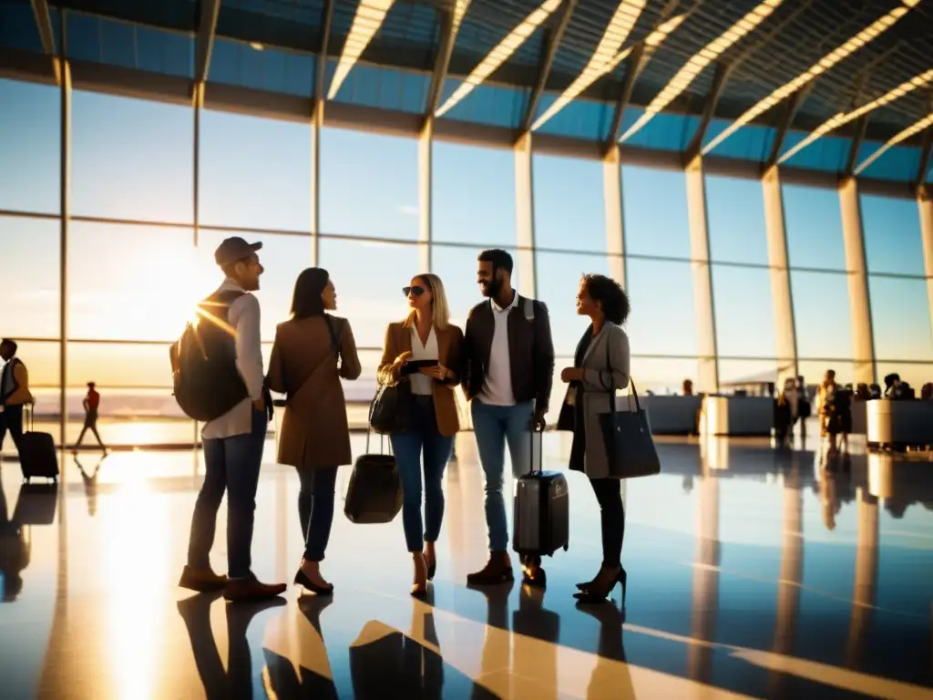 Viajeros con enfermedades inmunológicas: Empoderamiento en el aeropuerto Un grupo diverso de viajeros con enfermedades inmunológicas espera en el aeropuerto, mostrando sus pasaportes y tarjetas de seguro internacional