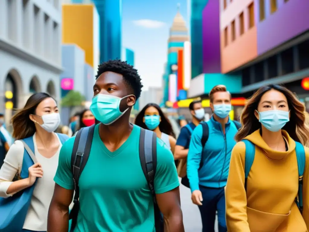 Viajeros seguros explorando una ciudad vibrante con mascarillas Grupo diverso de viajeros con mascarillas explorando una ciudad bulliciosa