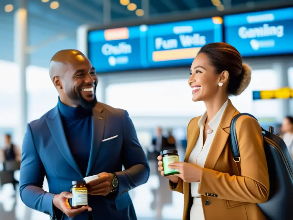Viajeros saludables: preparados en el aeropuerto Un grupo diverso de viajeros sonrientes sostiene suplementos inmunitarios en un aeropuerto, transmitiendo preparación y bienestar